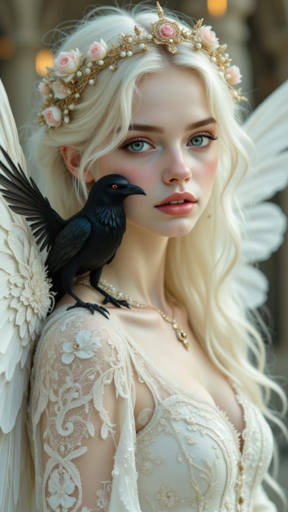 Dreamy Fairy with Raven in Victorian Dress