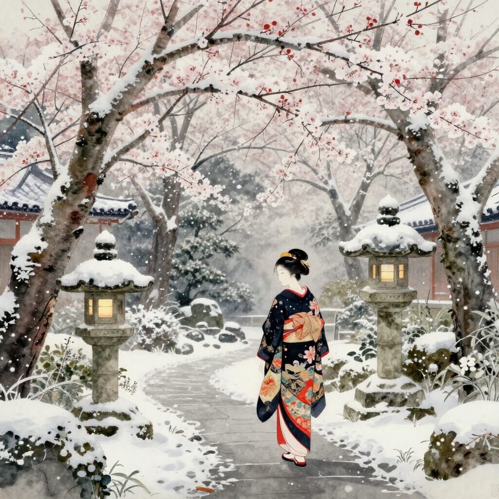 Geisha in Snowfall Japanese Garden Ukiyo-e Watercolor Style