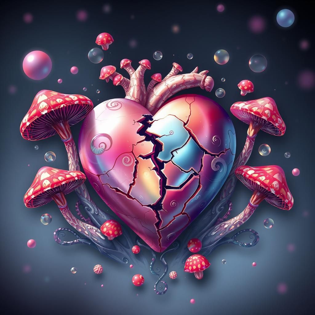 Shattered Heart with Crystalline Mushrooms in Fractal Style