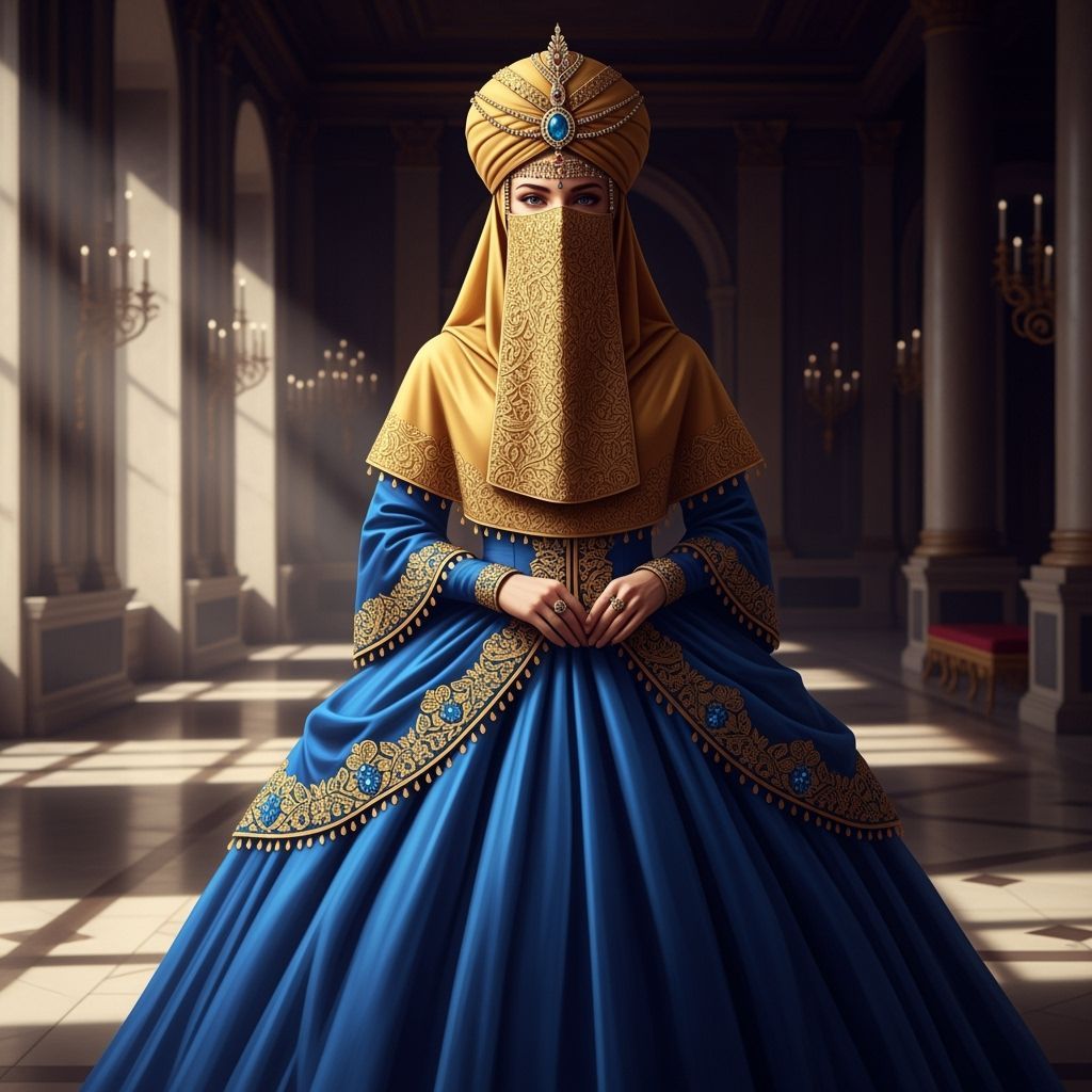 Regal Princess in Golden Niqab and Sapphire Ball Gown