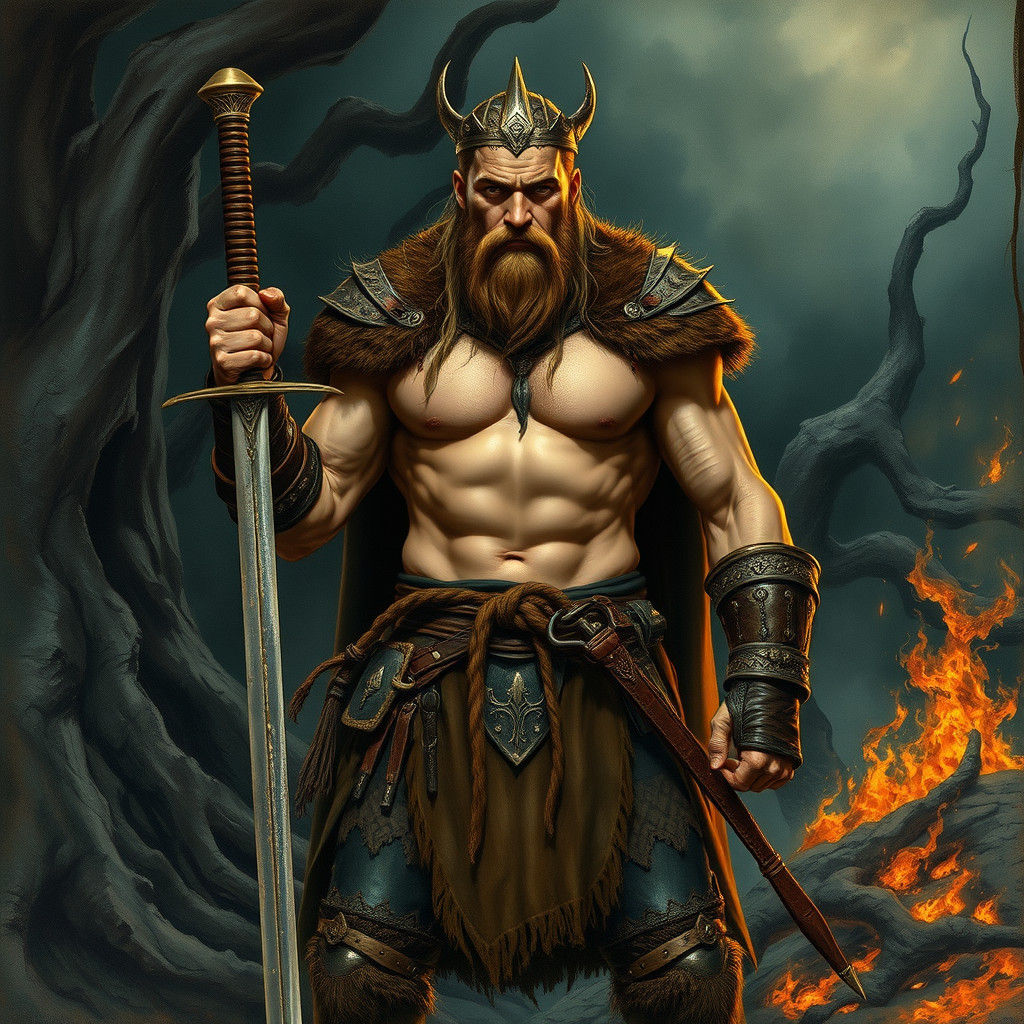 Viking Warrior in Nordic Landscape, Oil Painting Style