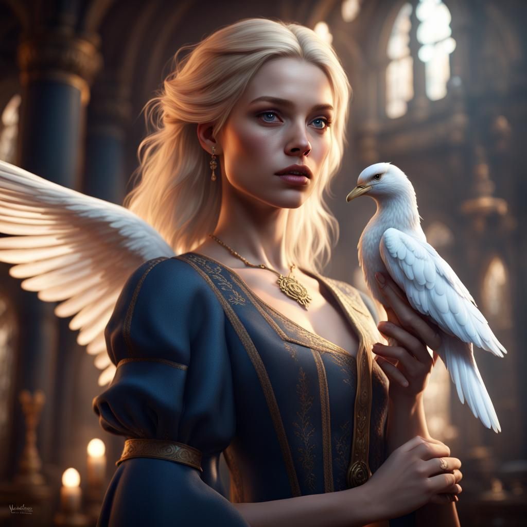 Blonde Girl with Dove: Detailed Matte Painting
