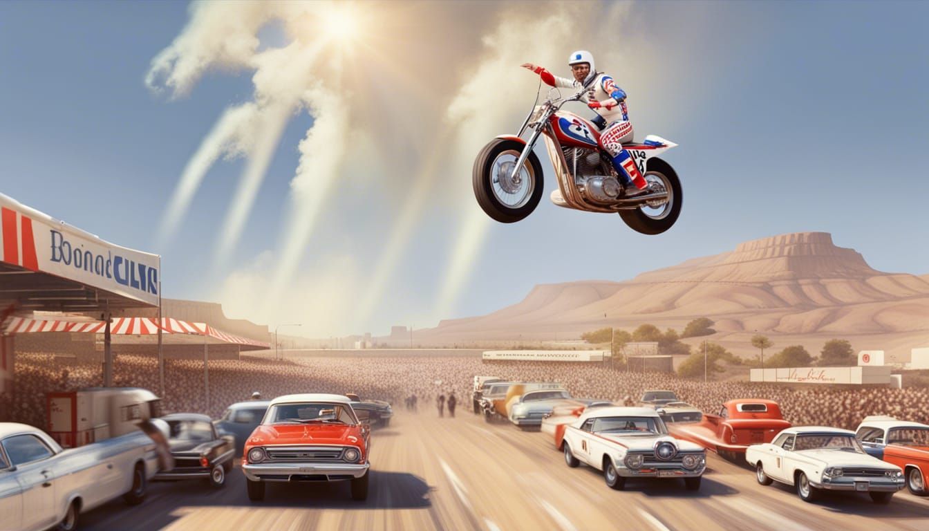 Evel Knievel Motorcycle Stunt, Hyperrealistic Action Paintin...