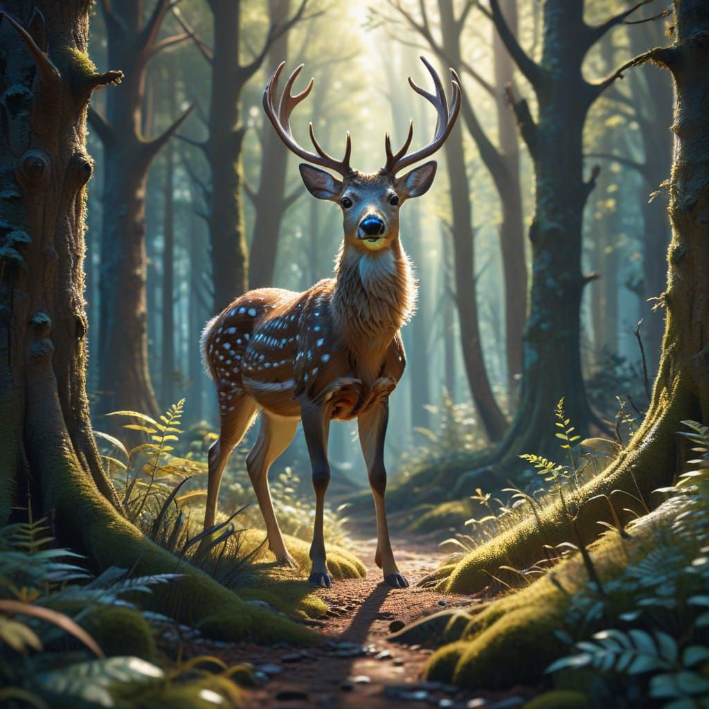 Surreal Deer in Whimsical Forest Digital Painting