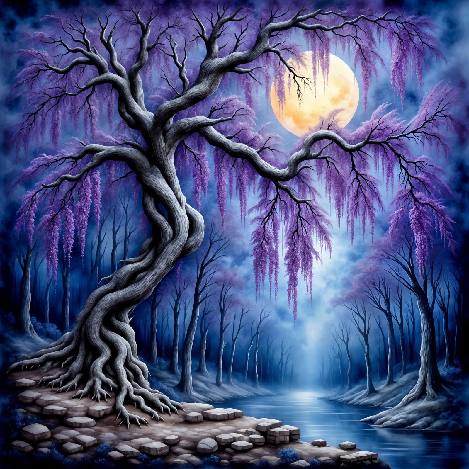 Moonlit Watercolor Scene with Gnarled Tree and Purple Wister...