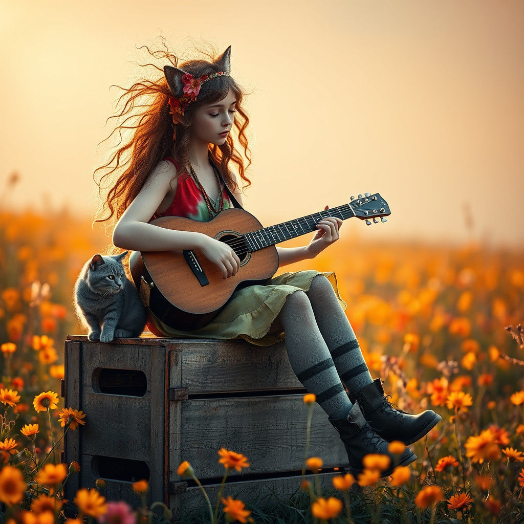 Hippie Girl in Autumn Field, Art Nouveau Portrait