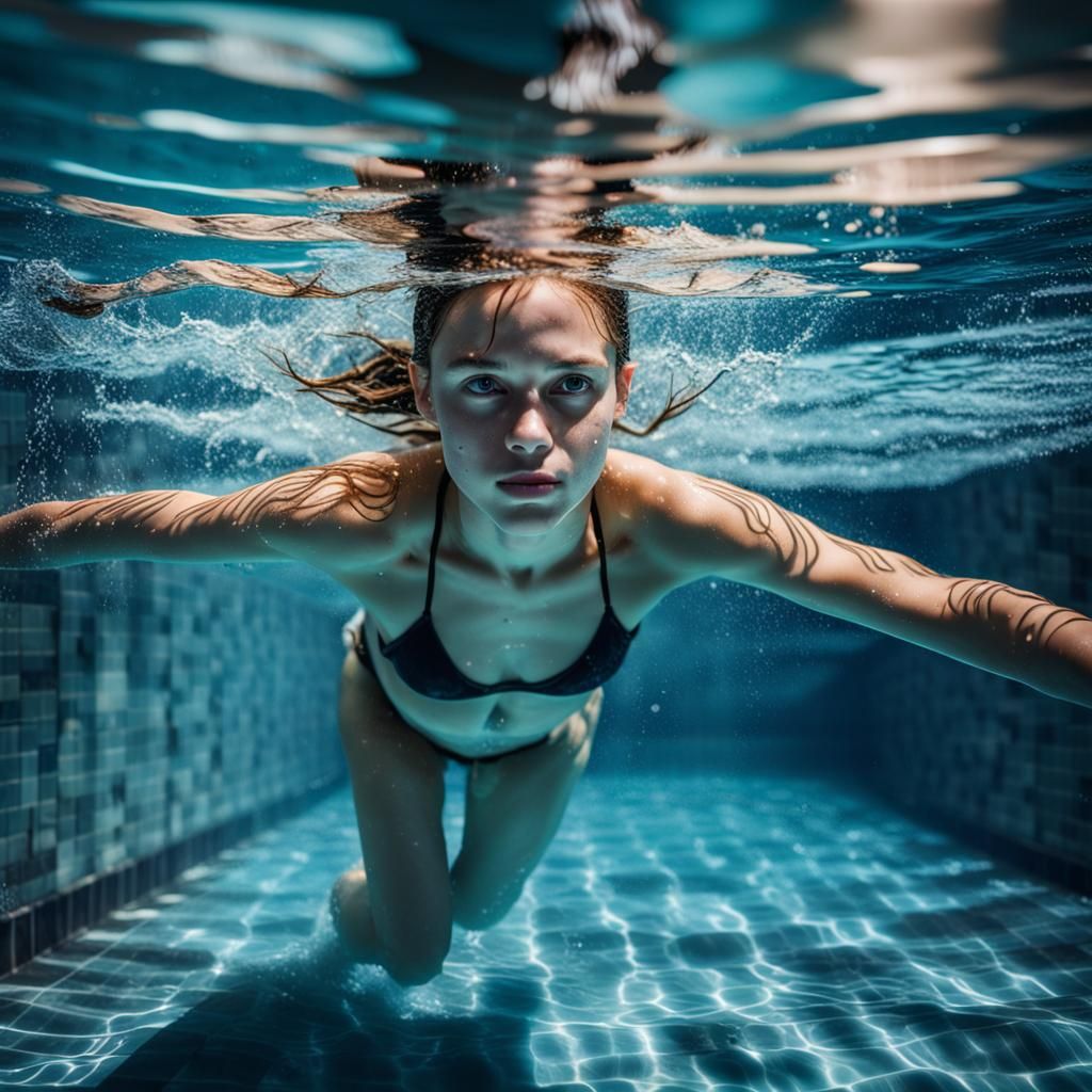 Hyperrealistic Girl Swimming in Pool, Moody and Cinematic