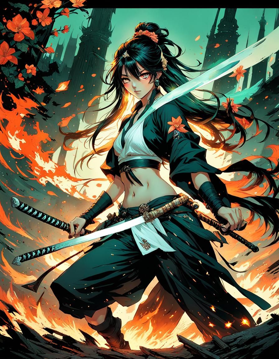 Anime hyper detailed, Anime female ,fighting pose, holding a katana,bandana in long hair, big detailed manga eyes, perfe...