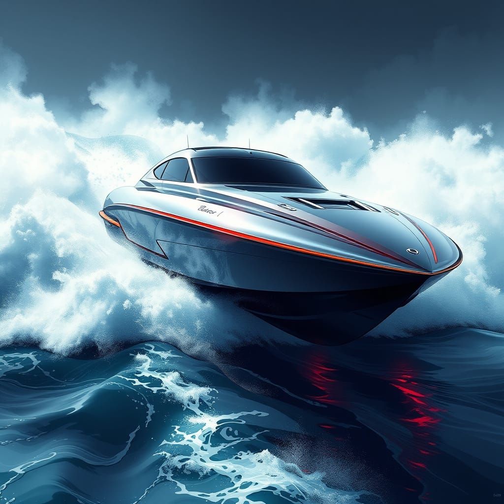 Futuristic Stainless Steel Speed Boat Slicing Through Turbul...