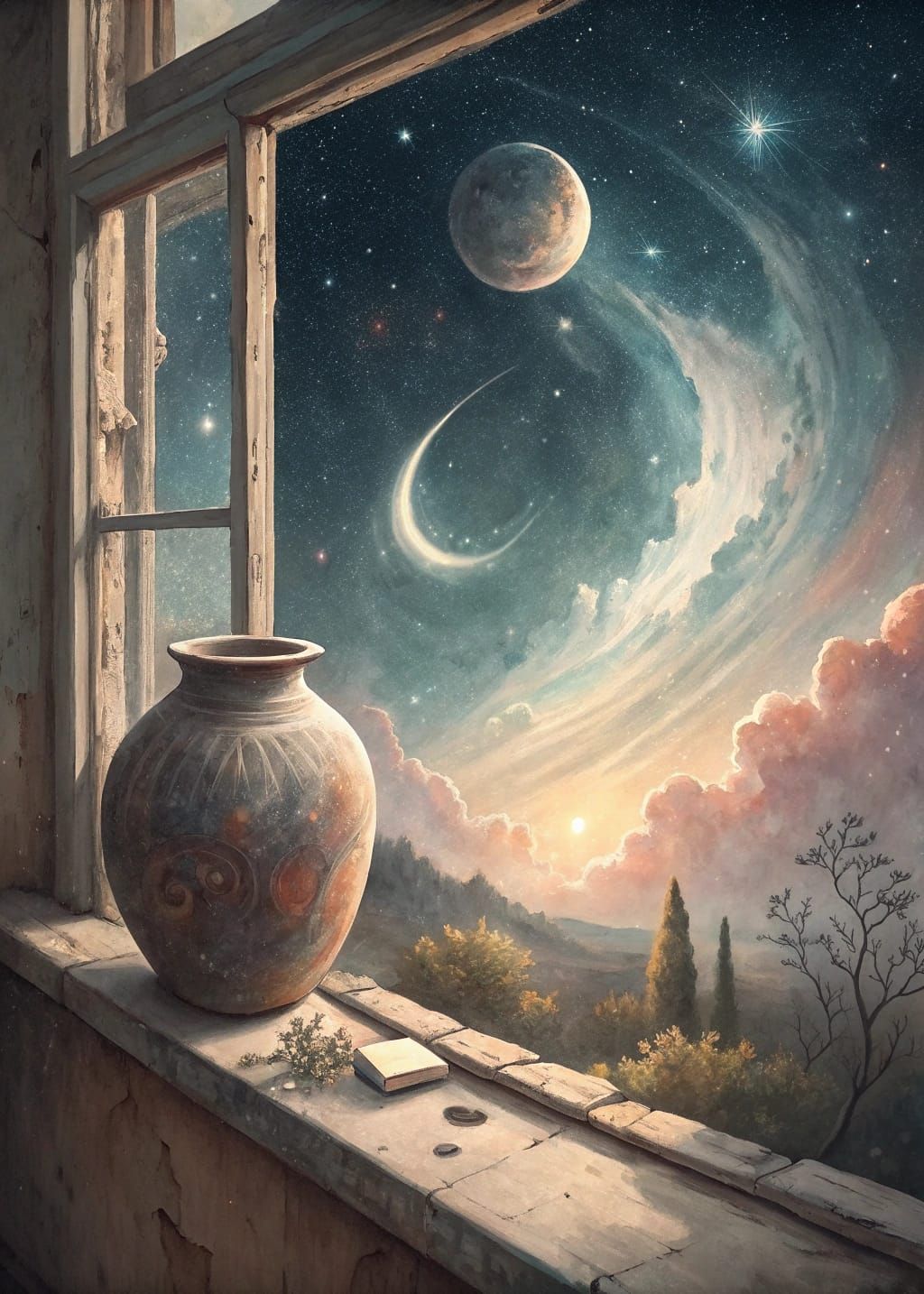 Nebula Dreamscape with Ceramic Pot, Watercolor Style