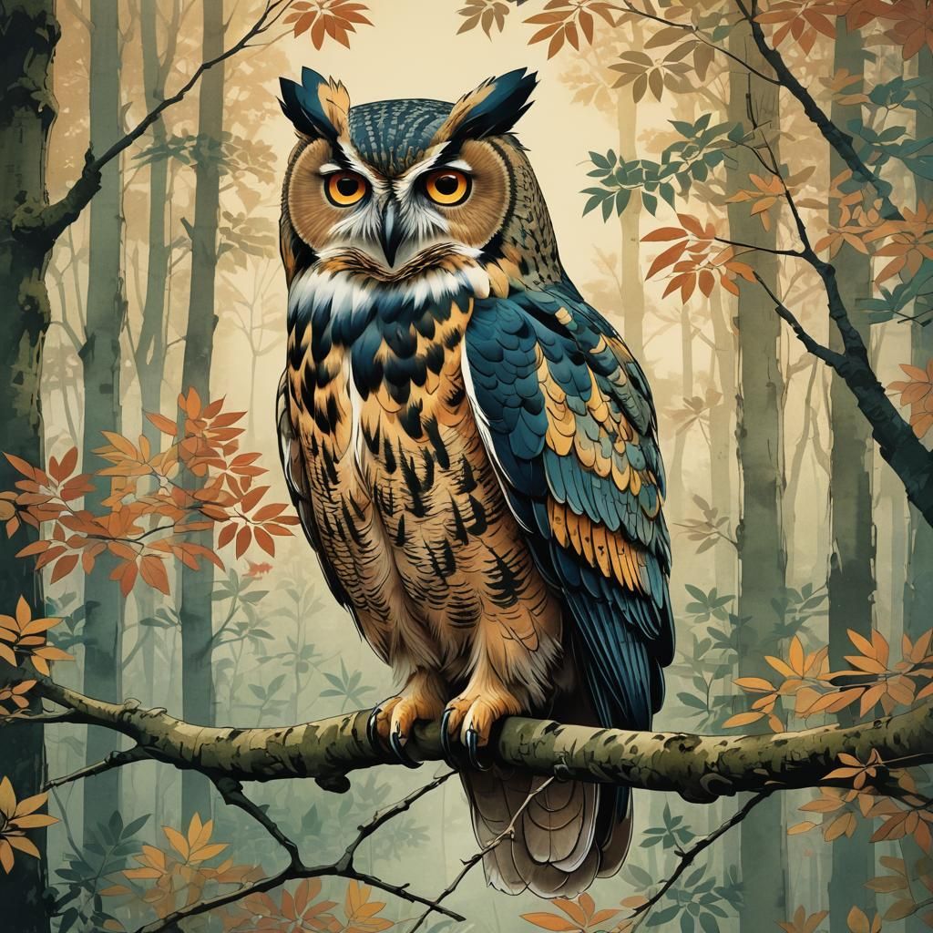 Colorful Owl on Branch in Koson Style