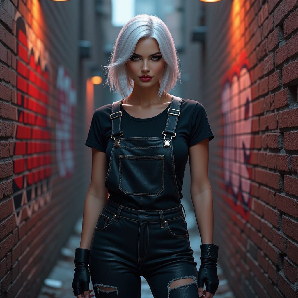 Dark Elf Woman in Leather Overalls in Urban Alleyway
