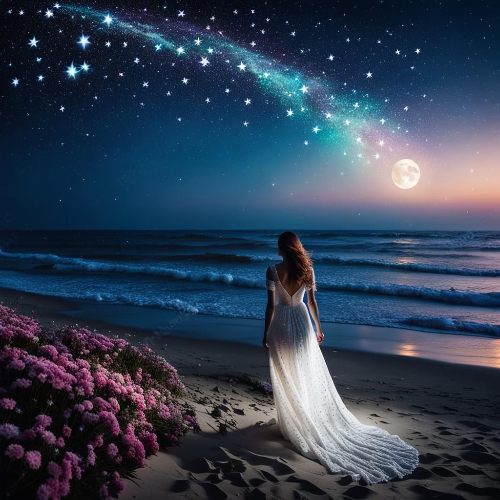 Luminous Girl Walking on Beach Under Stars