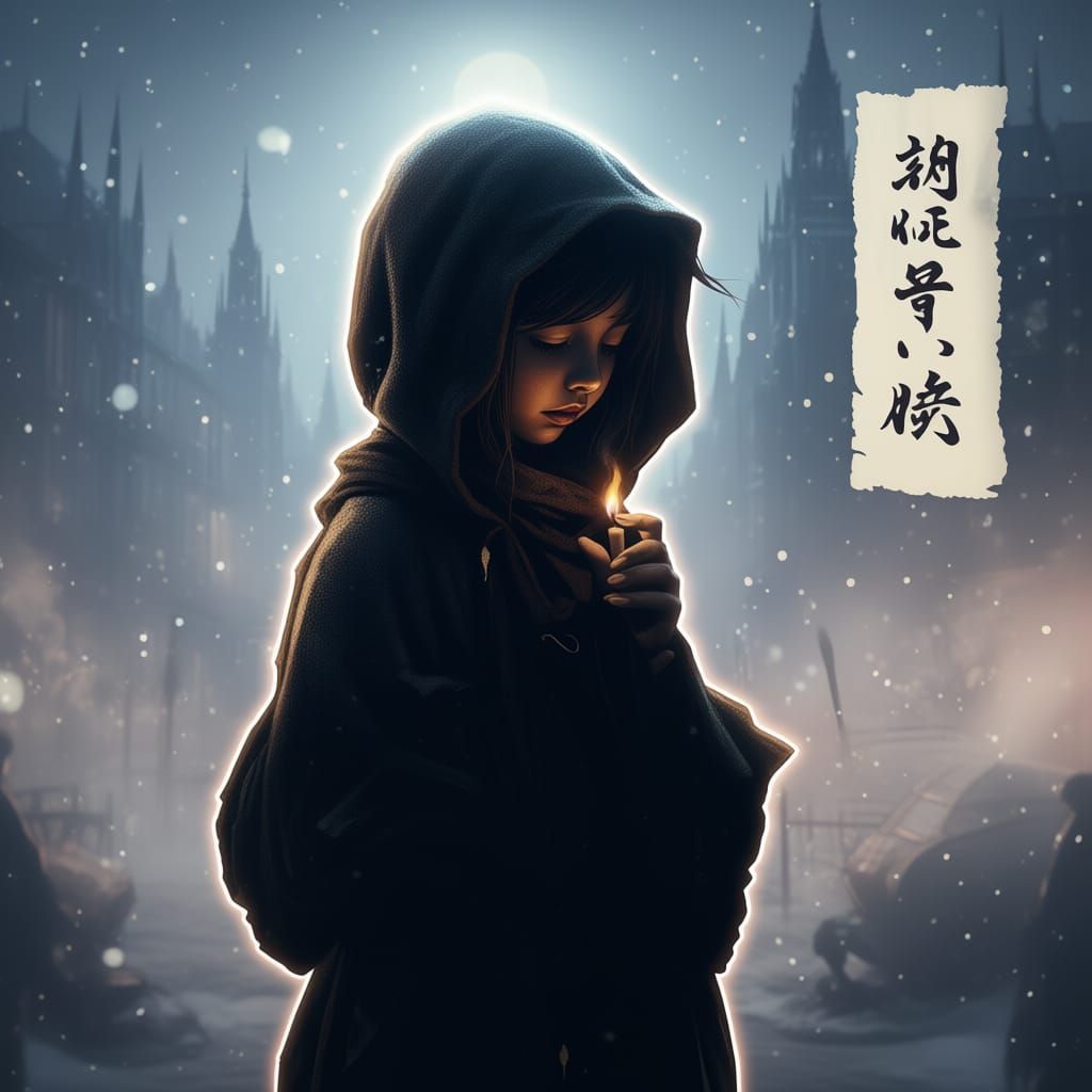 Girl in Rags Holds Tinderstick in Dark Victorian London