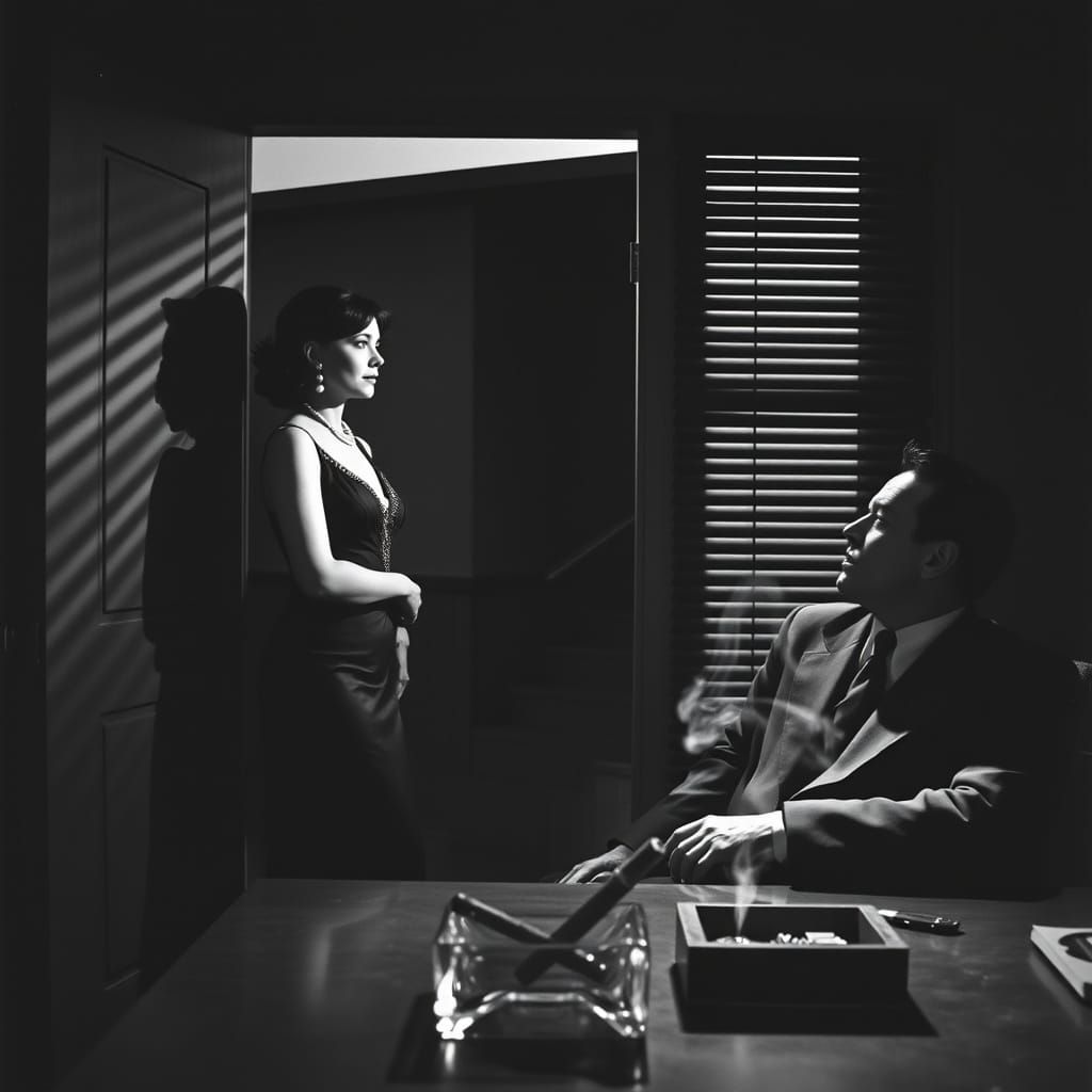 Art Deco Woman Enters Smoky Detective Office