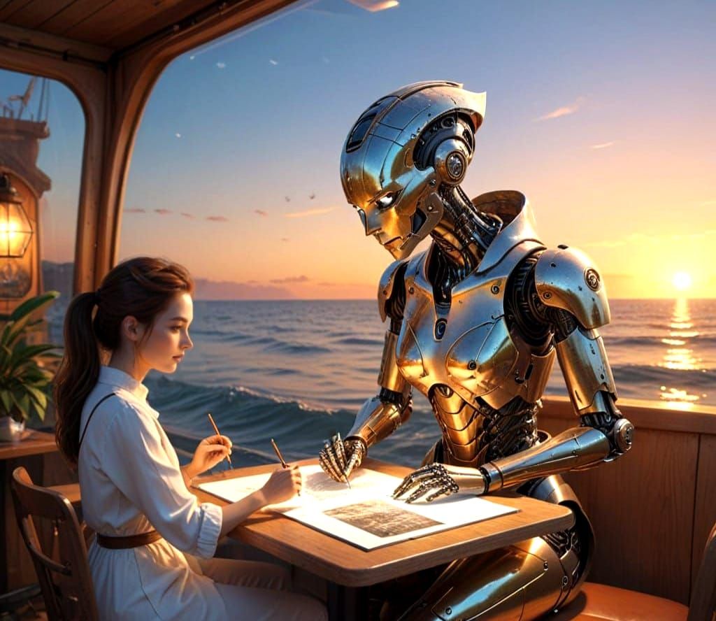 Stunning AI Robot Sketches Sunset Masterpiece in Cozy Cafe