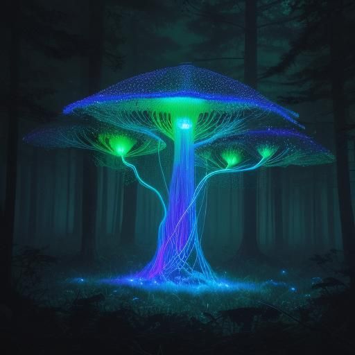 Bioluminescent Spider Weaving Webs in Misty Forest