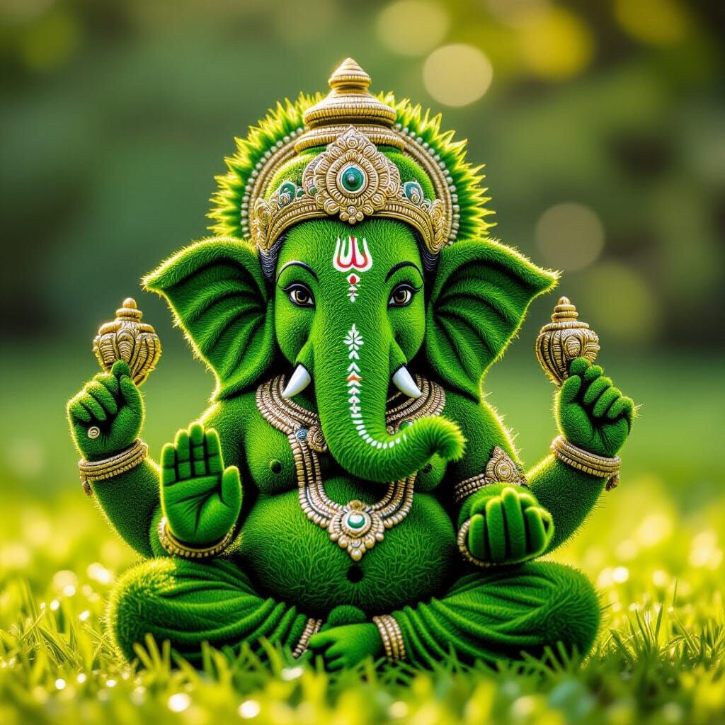 Green Grass Ganesha Sculpture in Ultra-Realistic Style