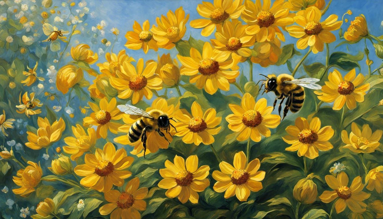 Bee Gathering Honey: A Claude Monet-Inspired Close-Up
