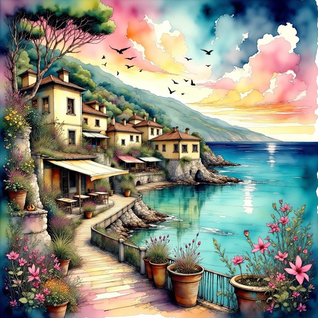 Whimsical French Riviera Scene in Dreamlike Watercolor Style