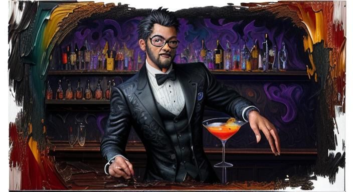 anthropomorphic male black cat bartender in a club mixing co...