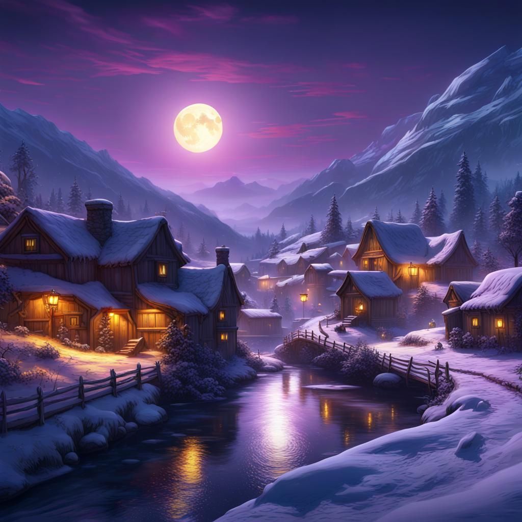 Snowy Village Landscape Under Moonlight in Dark Fantasy Styl...