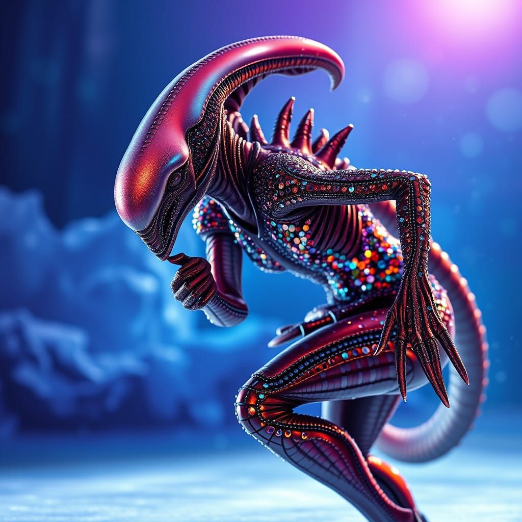 Glamorous Xenomorph Ice Skater in Sparkling Sequins