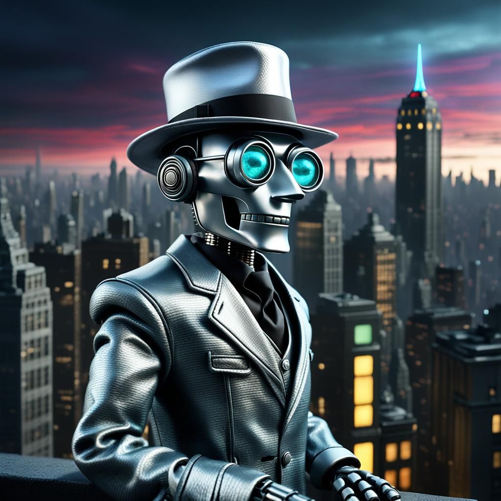 Silver Robot Detective in Tim Burton Style