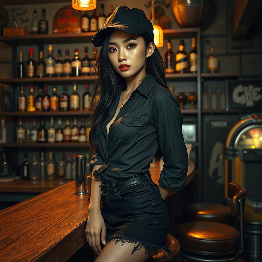 Confident Bartendress in Grunge Style