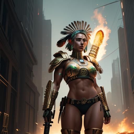 Aztec Warrior Woman with Flaming Sword in Cyberpunk Style