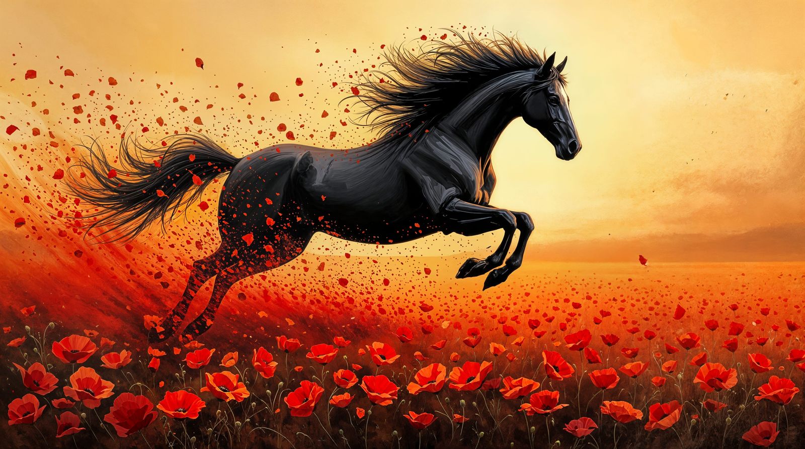 Ethereal Black Horse Leaps Through Vibrant Red Poppies at Su...