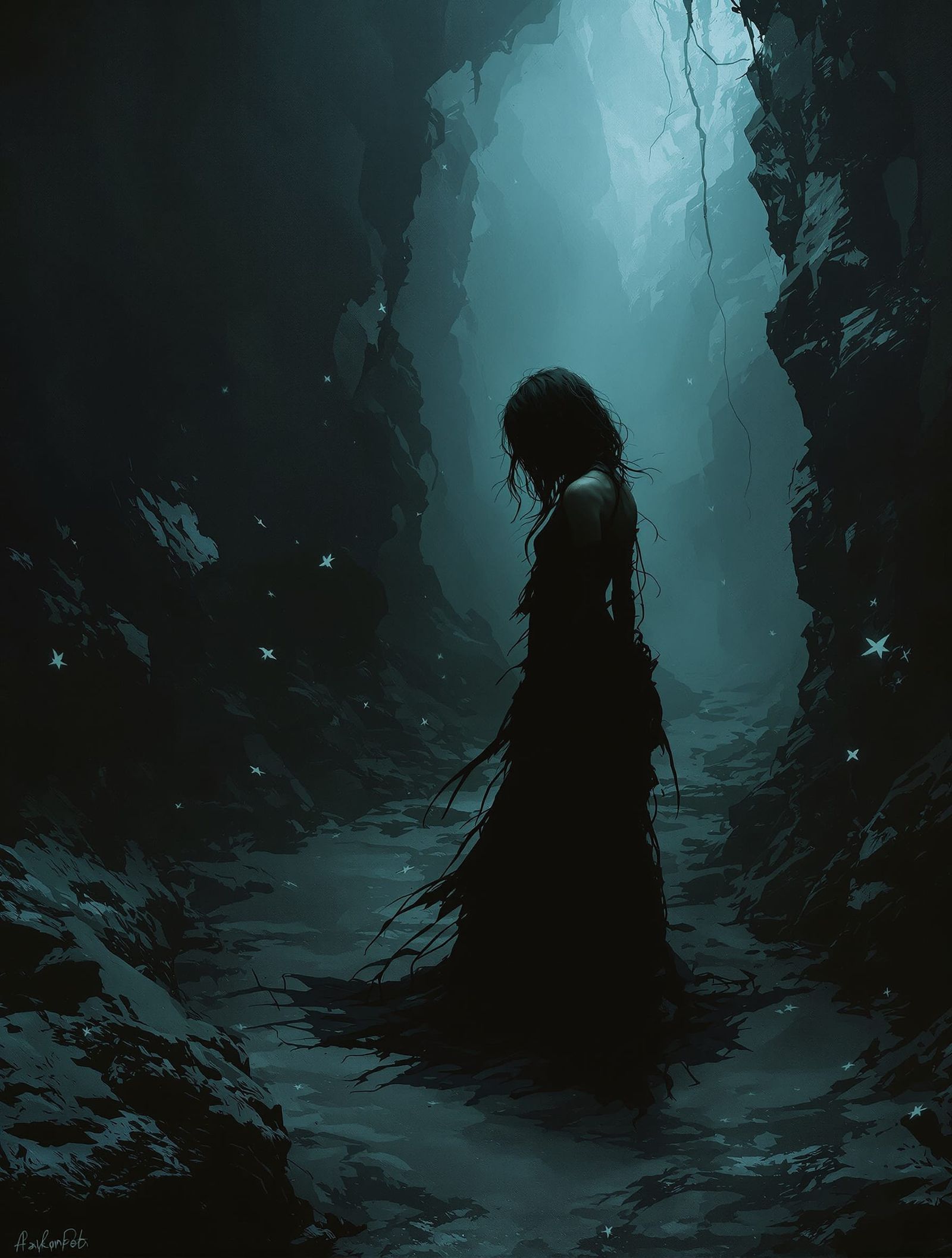 Melancholic Woman Lost in Mystical Shadow Realm