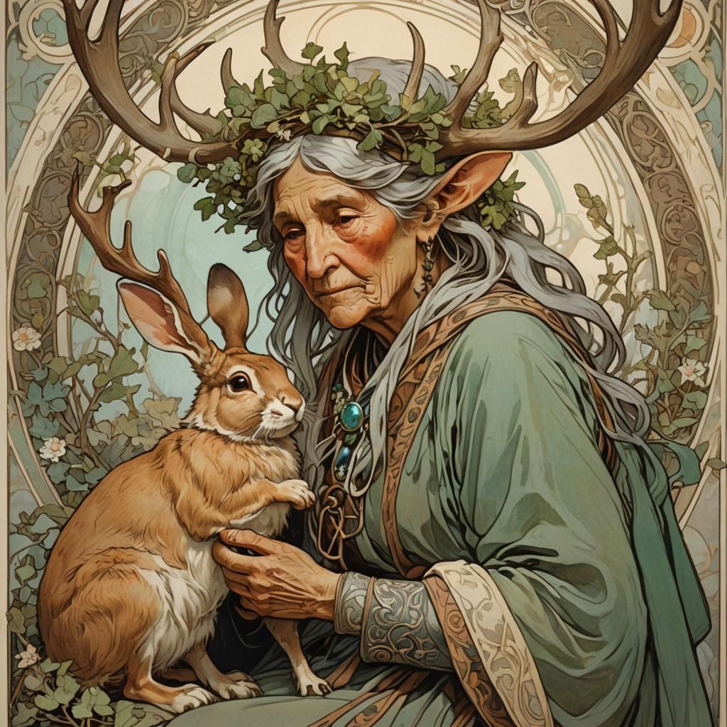 Art Nouveau Woman and Antlered Rabbit