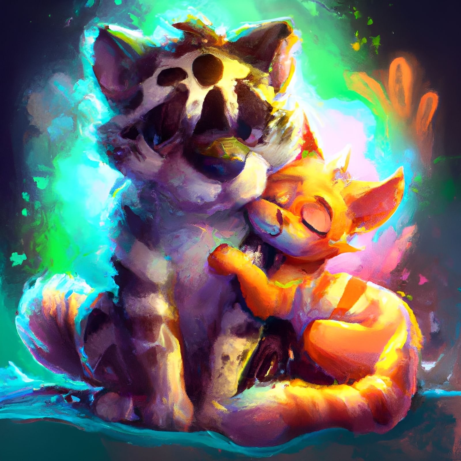 Chibi Cat and Dog Cuddle: Digital Art