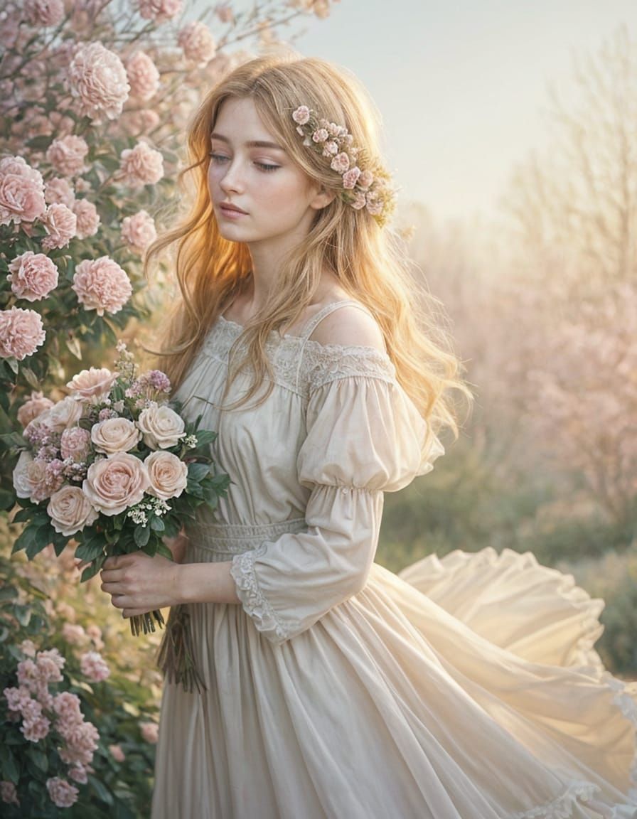 Man Surrounded by Roses in Watercolor Impressionism