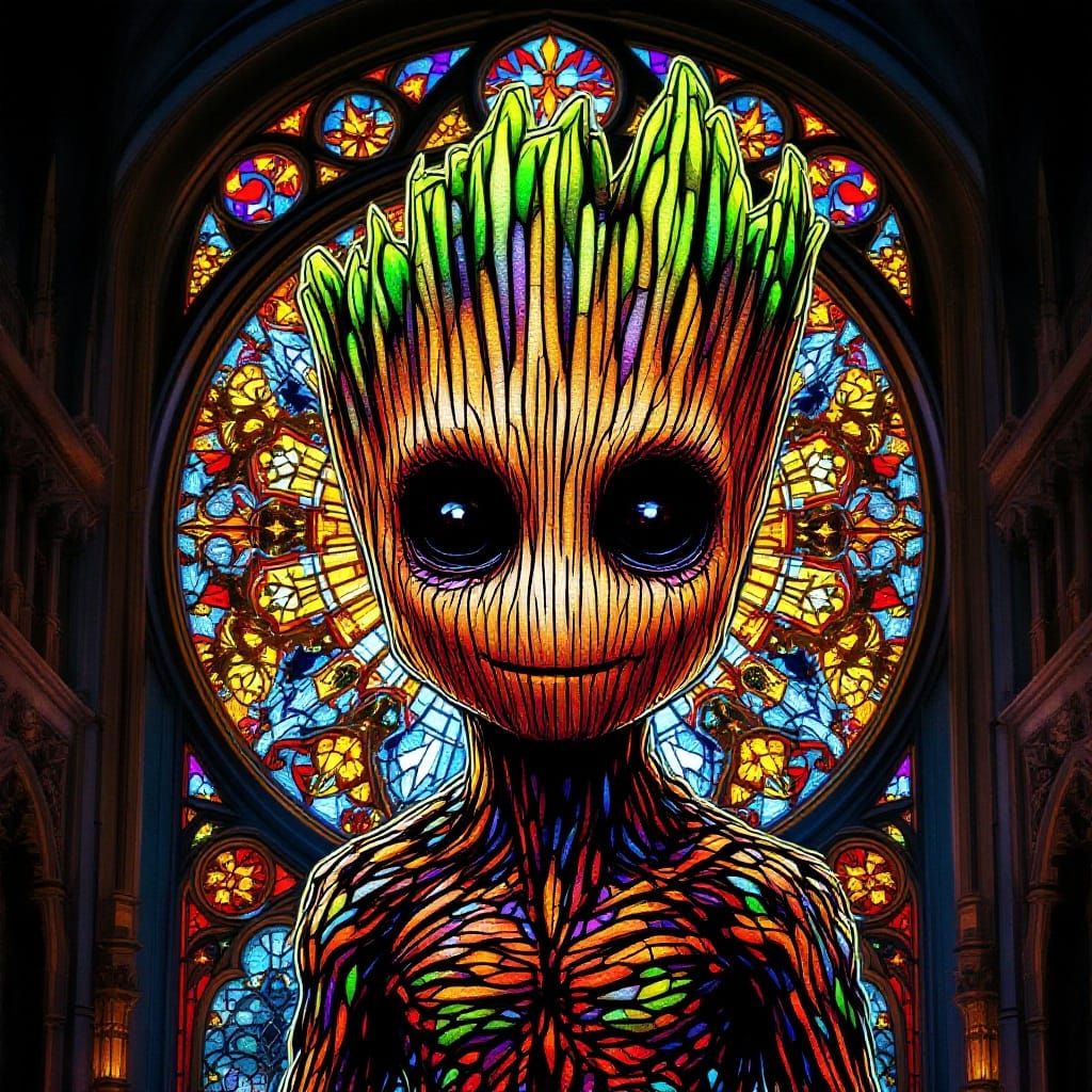 Surreal Gothic Stained Glass of Baby Groot Radiates Light
