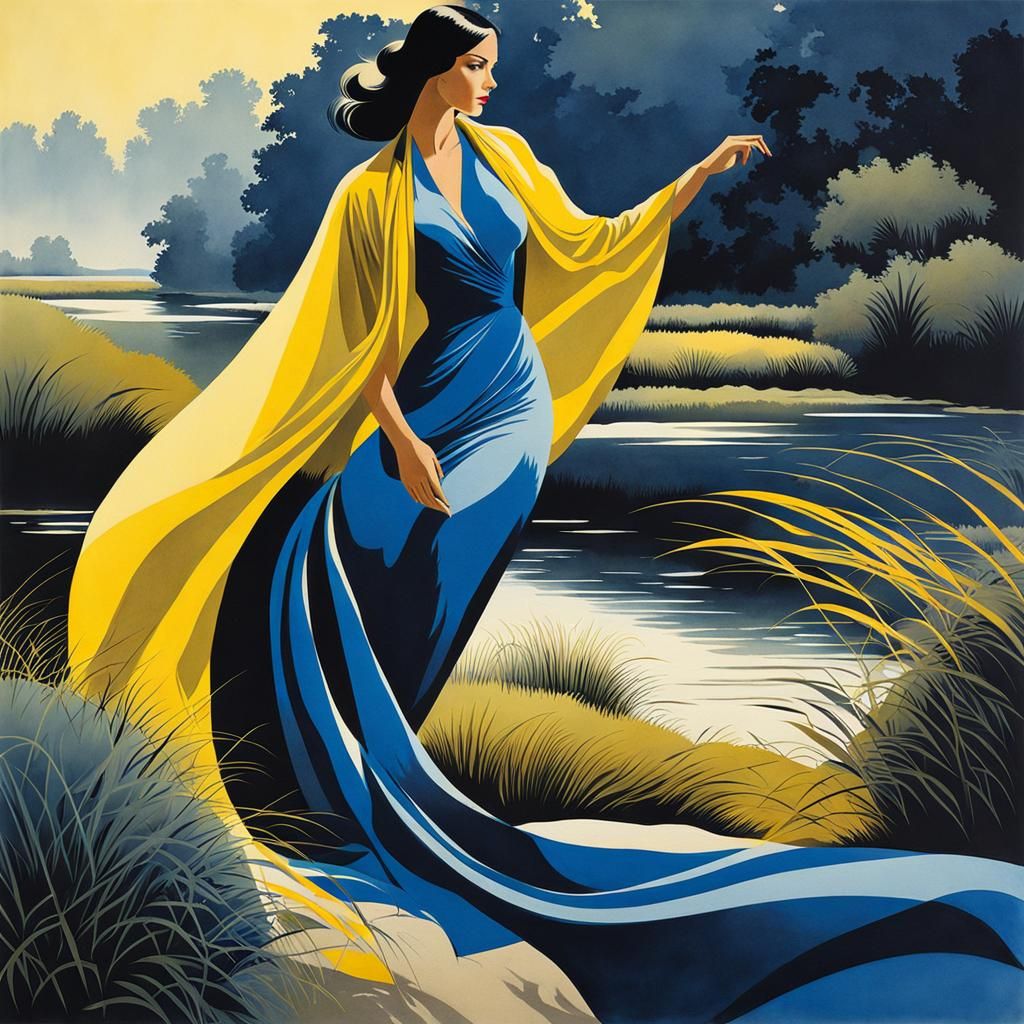 Woman at Riverbank in Watercolor Style