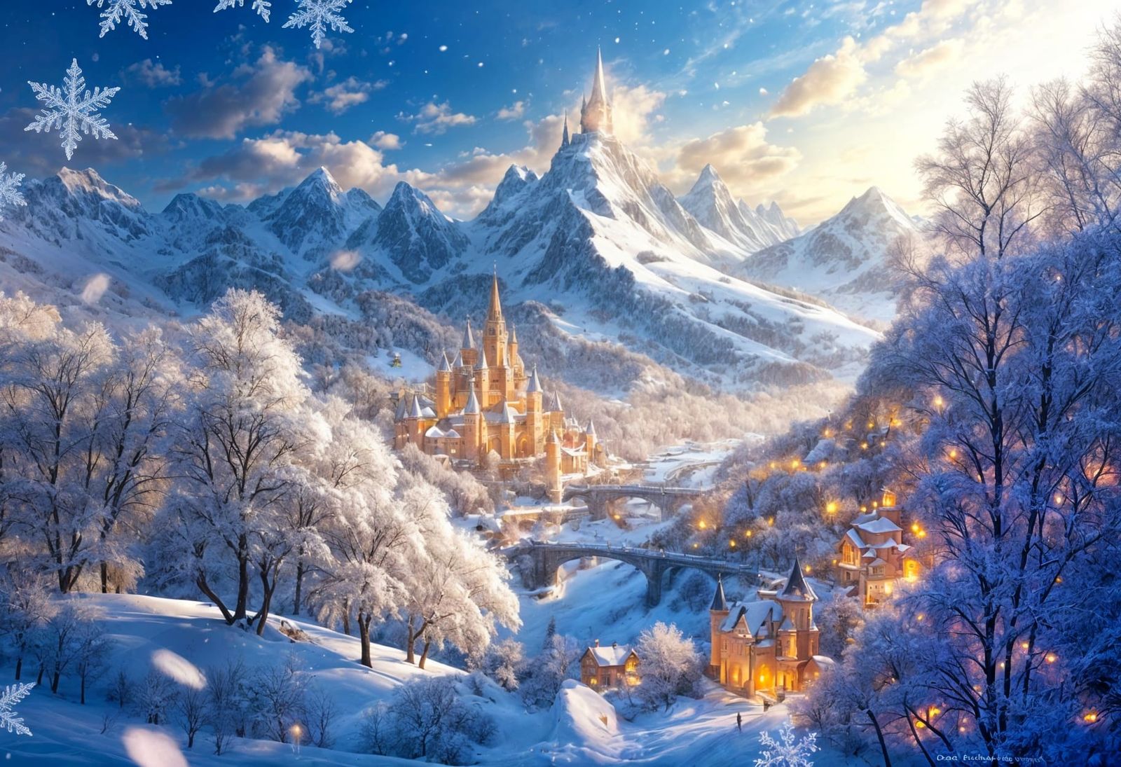 Ancient Elven City with Falling Snowflakes and Petals