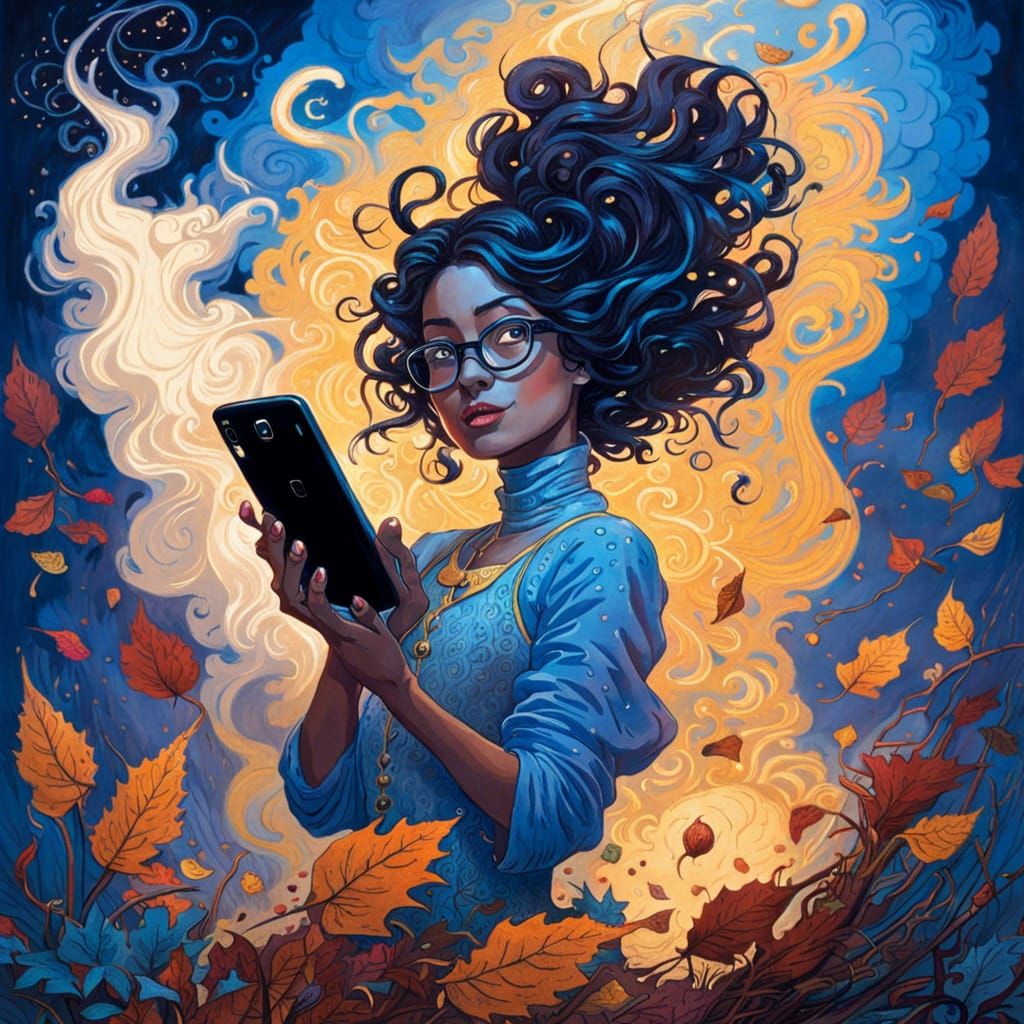 Blue Genie Emerges From Smartphone in Fantasy Art