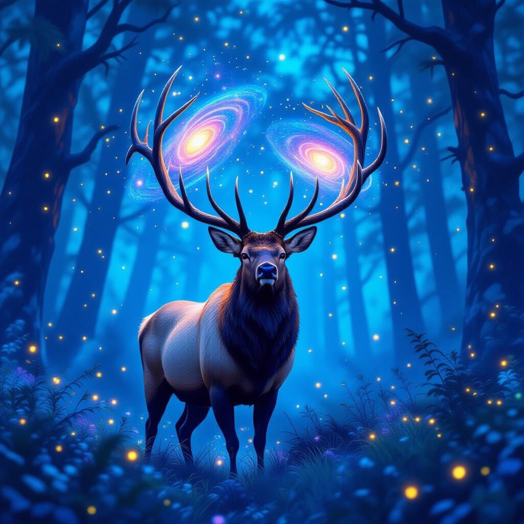 Majestic Elk With Galaxy Antlers in Bioluminescent Forest