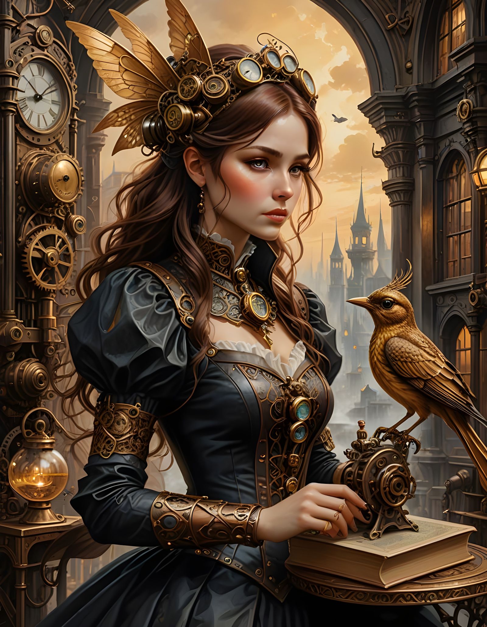 Steampunk Lady Admires Mechanical Bird