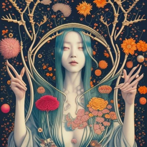 Woman in Surreal Sun and Moon Flower