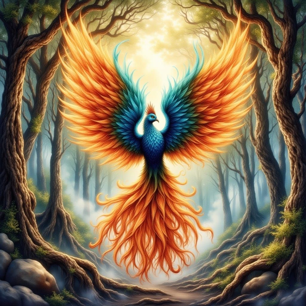 Phoenix Rises in Whimsical Watercolor Dreamscape