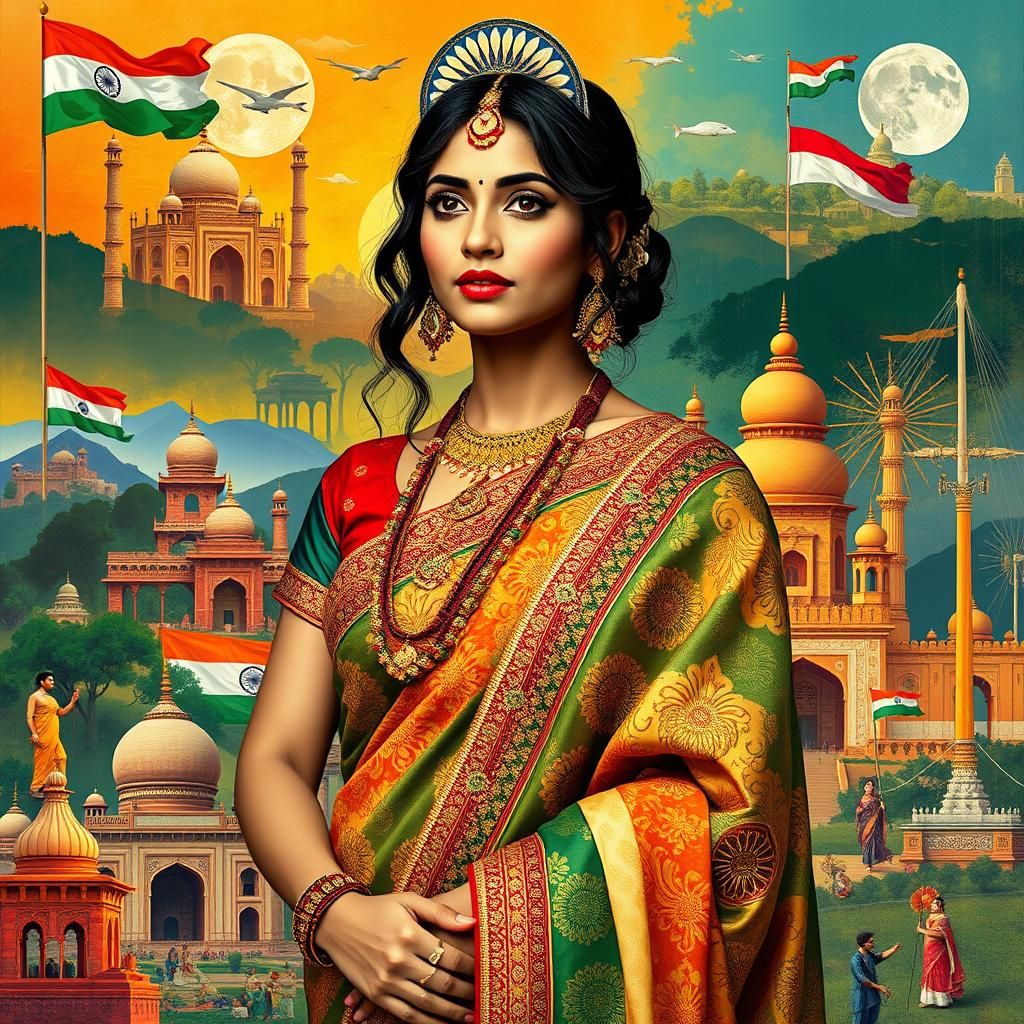 Indian Woman in Sari with Indian Flag Colors