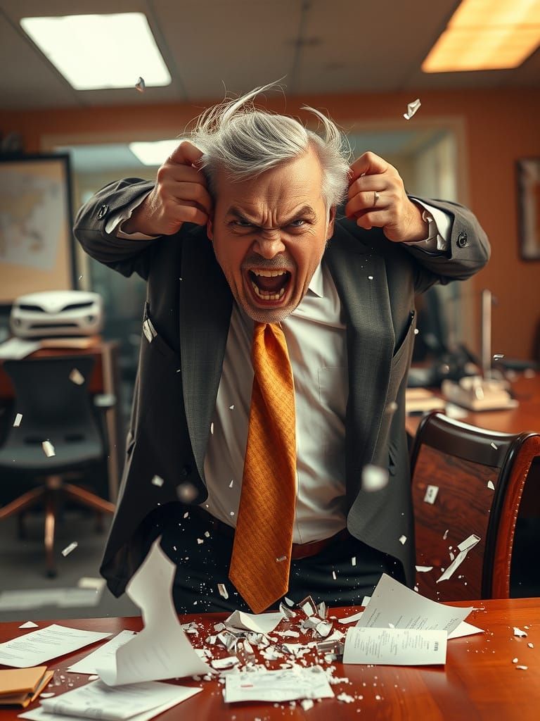 Ferocious Man Smashes Chair in Futuristic Office Chaos