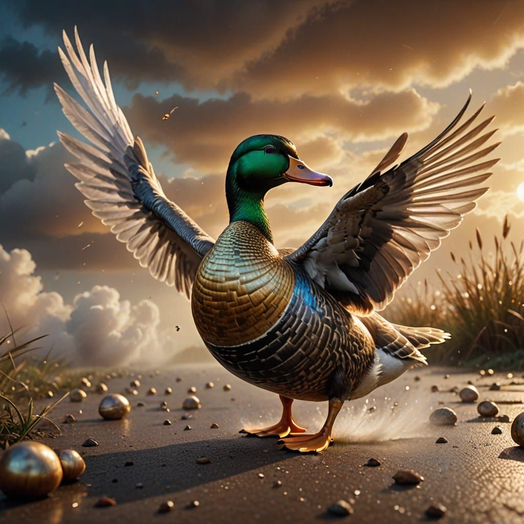 Mystical Duck in Majestic Flying Snail, Photorealistic Maste...