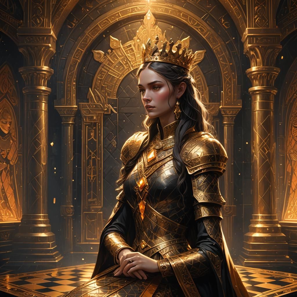 Lonely Queen on Golden Chessboard: Dark Fantasy Art