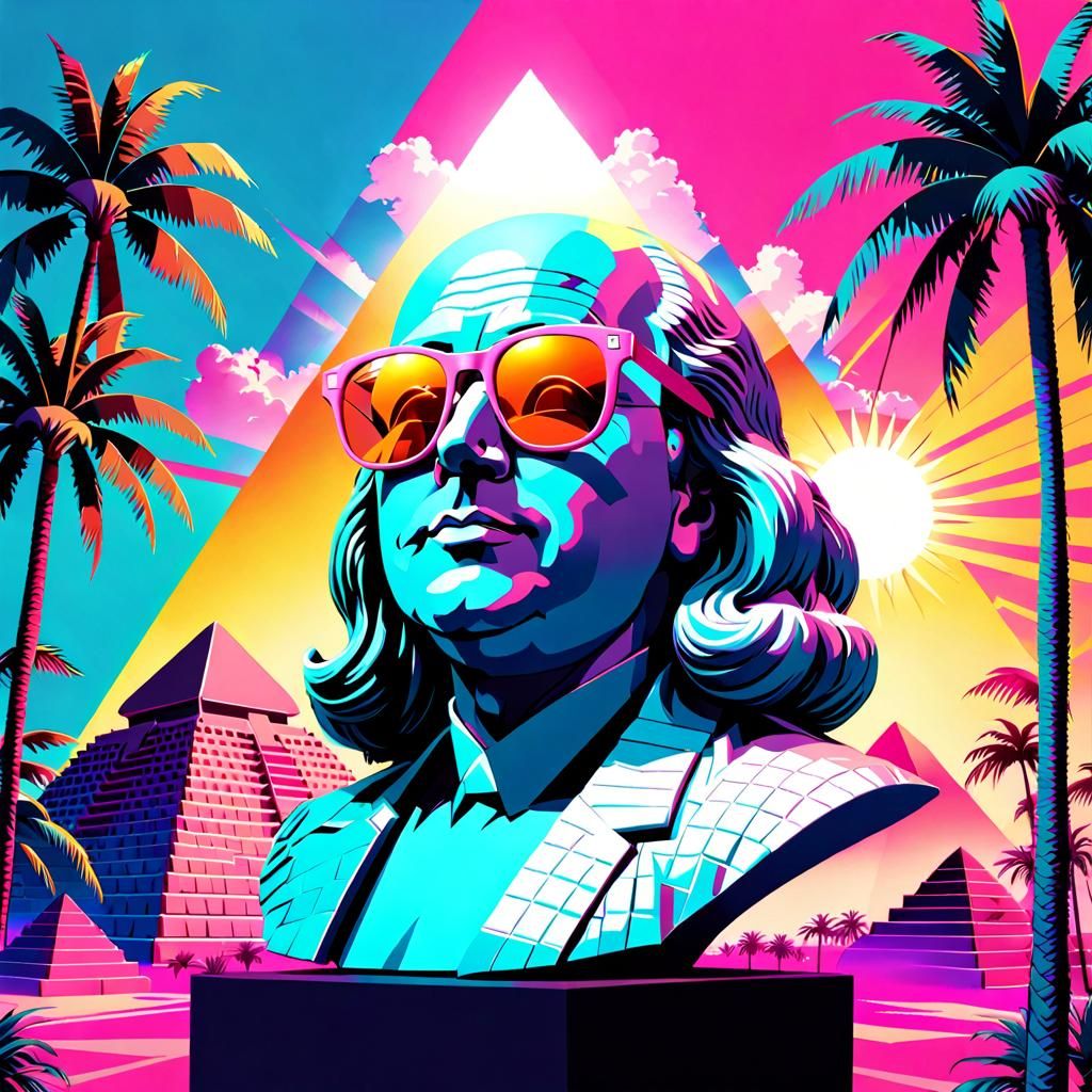 Vaporwave Ben Franklin Statue with 80s Flair