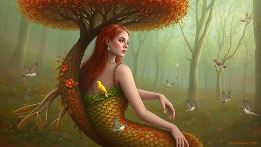 Fairytale Tree-Woman with Birds and Flowers
