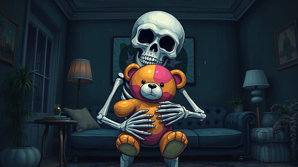 Cute Goopy Skeleton with Teddy Bear in Graffiti Art